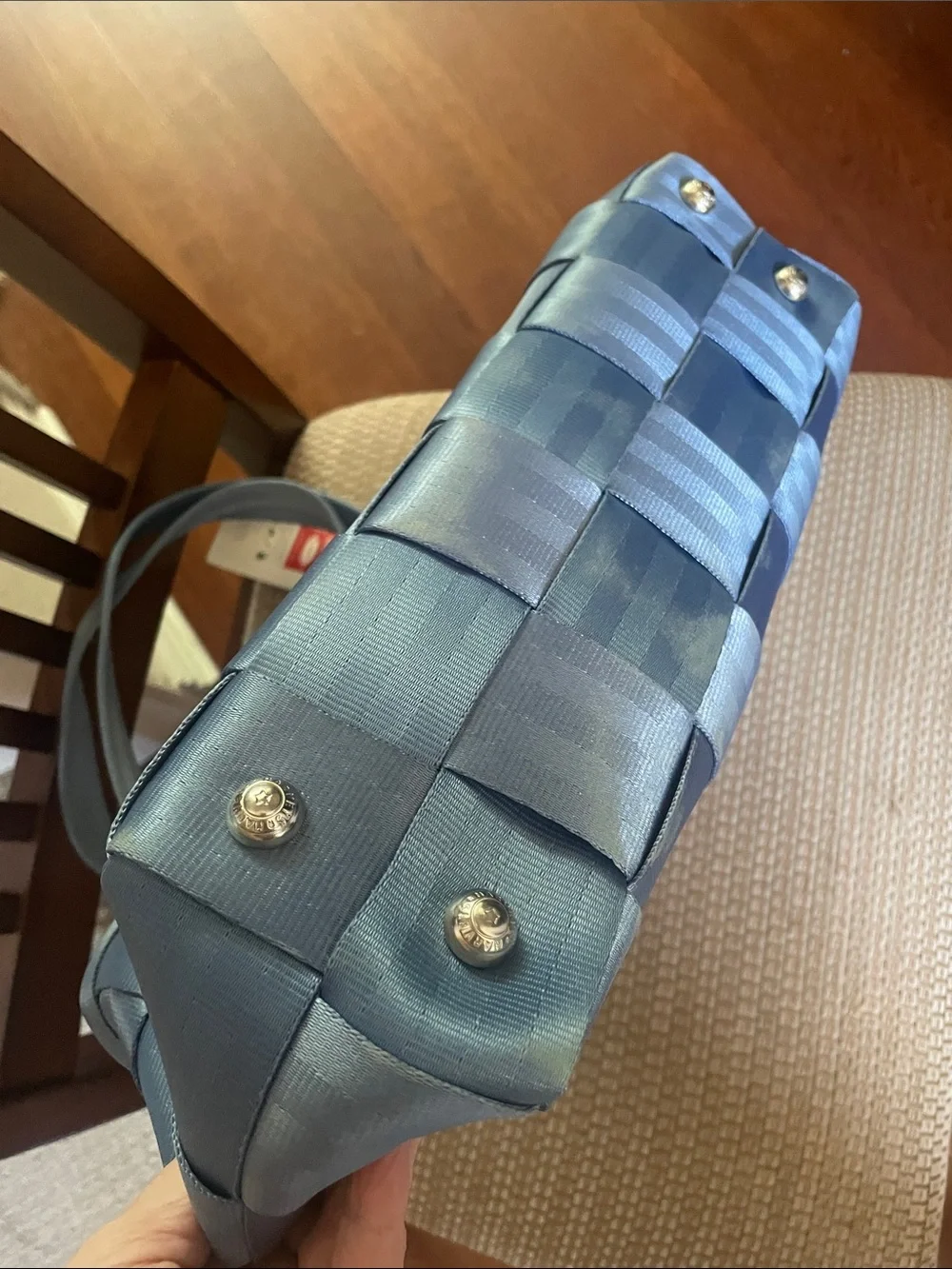 Harveys Denim Light Blue Woven Tote Bag with Red Tag